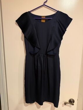 Diane Von Furstenberg Navy Pleated Flutter-Sleeve Midi Dress